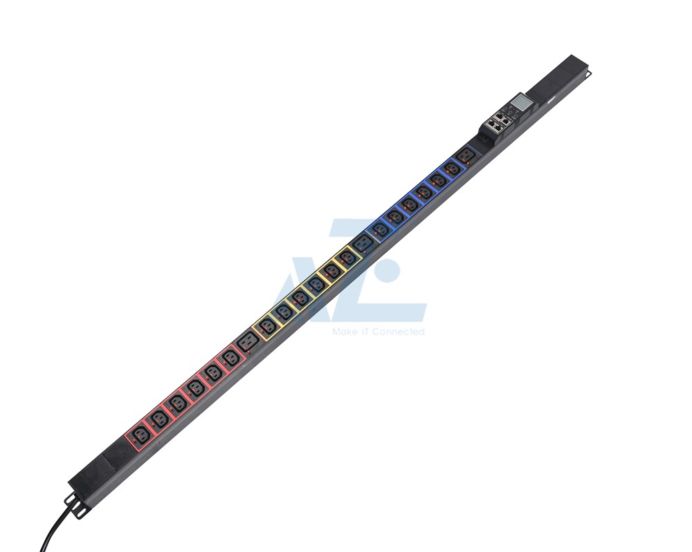 Metered rack PDU, ZeroU, Three Phase, 400V/63A, (18) lockable C13 & (3) lockable C19